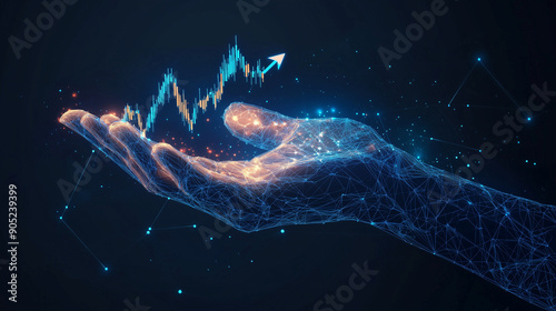 Abstract growth chart in a hand. Graph chart with up arrow in an arm palm. Finance and stock market concept on dark background. Low poly wireframe illustration in light blue hologram style.