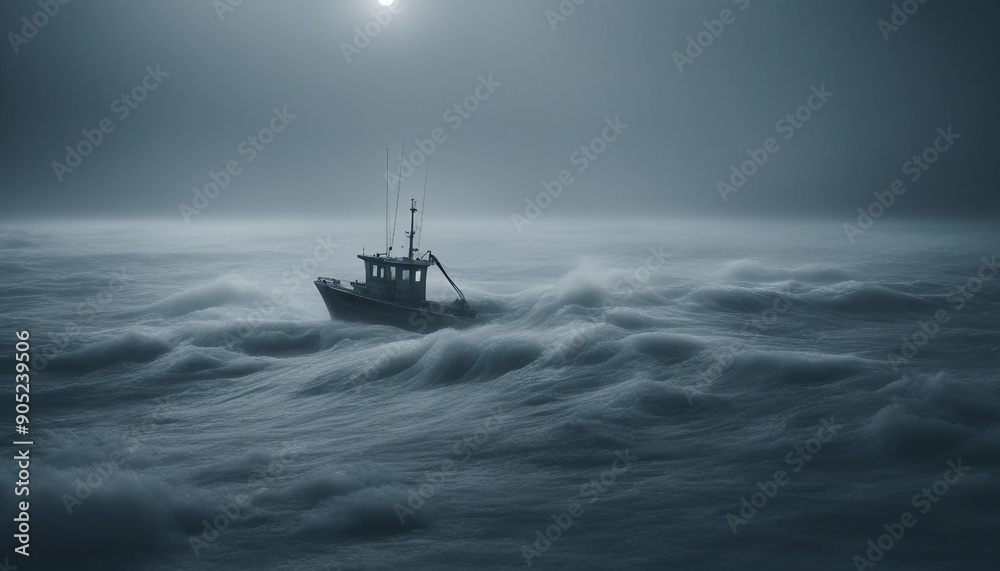Obraz premium A lone fishing boat braving a foggy, freezing night at sea, surrounded by towering waves and icy mist as it fights against the elements. 