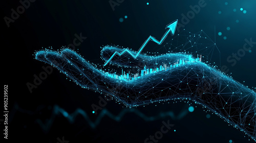 Abstract growth chart in a hand. Graph chart with up arrow in an arm palm. Finance and stock market concept on dark background. Low poly wireframe illustration in light blue hologram style.