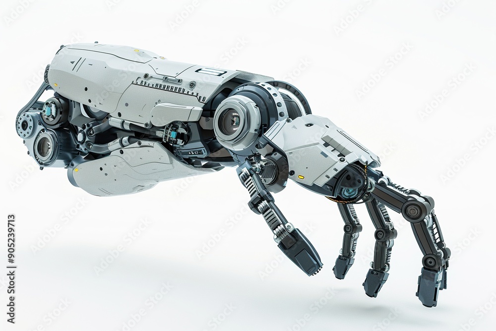 Naklejka premium Robotic arm. Futuristic industrial workforce. Isolated on white background. Generative Ai