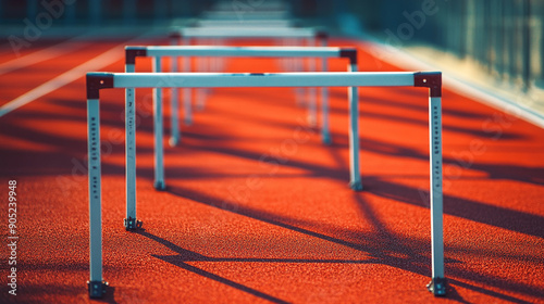 A row of hurdles set up on a red running track