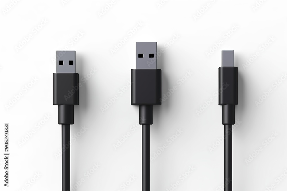 Black charging usb cabels. Isolated on white background. Generative Ai Black charging usb cabels. Isolated on white background. Generative Ai