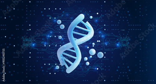 3D illustration of a DNA strand with digital circuit elements on a dark blue background, symbolizing biotechnology and genetic engineering.  Science and tech. Vector illustration
