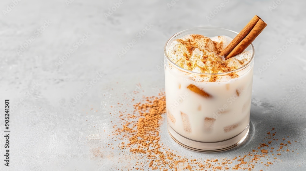 A frosty glass of horchata, garnished with a cinnamon stick and served with ice