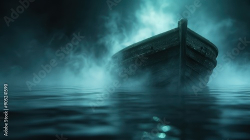 A ghost ship with an eerie cargo hold, flickering lights, and ghostly figures photo