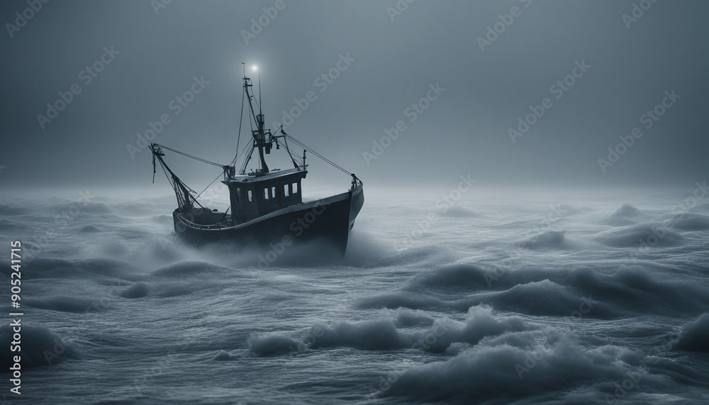 A lone fishing boat braving a foggy, freezing night at sea, surrounded by towering waves and icy mist as it fights against the elements.
A lone fishing boat braving a foggy, freezing night at sea, surrounded by towering waves and icy mist as it fights against the elements.