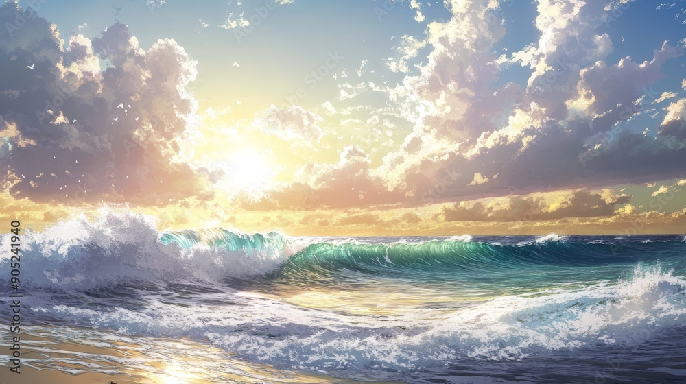 Ocean waves breaking against the shore under a cloudy sky with sunlight peeking through, creating a serene and beautiful scene in a Japanese animation style Ocean waves breaking against the shore under a cloudy sky with sunlight peeking through, creating a serene and beautiful scene in a Japanese animation style