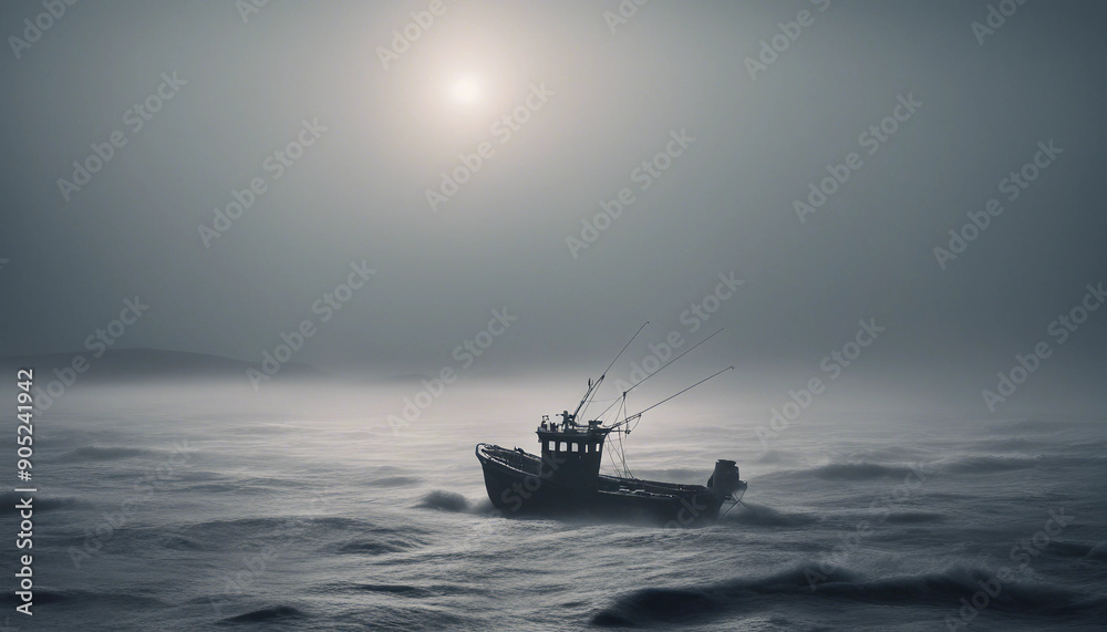 Naklejka premium A lone fishing boat braving a foggy, freezing night at sea, surrounded by towering waves and icy mist as it fights against the elements.