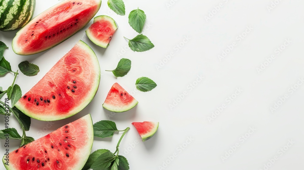 A refreshing summer image featuring juicy watermelon slices arranged on a white background with green leaves, symbolizing freshness, summer, health, vitality, and indulgence. A refreshing summer image featuring juicy watermelon slices arranged on a white background with green leaves, symbolizing freshness, summer, health, vitality, and indulgence.