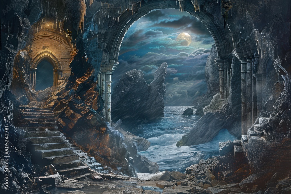 Fototapeta premium Ancient stone archway leads to a moonlit sea