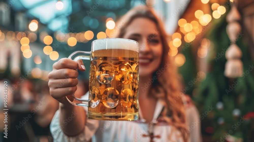 Smiling Woman Holding Large Beer Mug at Festive Outdoor Event Smiling Woman Holding Large Beer Mug at Festive Outdoor Event