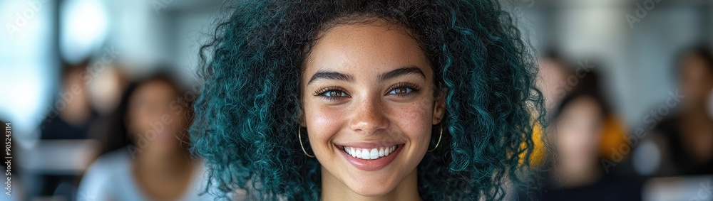 Happy candid female employee with teal hair laughing with colleagues in relaxed office team building induction meeting. Happy candid female employee with teal hair laughing with colleagues in relaxed office team building induction meeting.