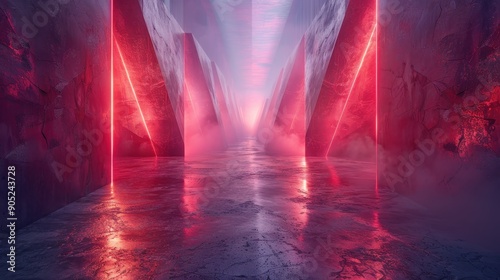 A surreal and futuristic corridor bathed in vibrant pink and red lights stretches into the distance, evoking a sense of mystery and otherworldly exploration. photo