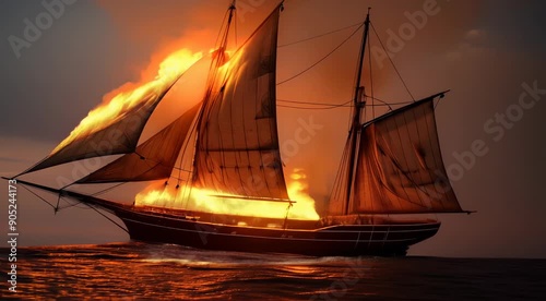 sailboat with sails on fire floating adrift photo