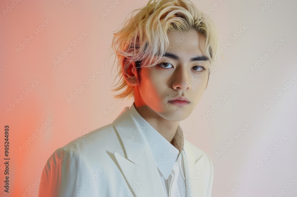 ハイトーンのヘアスタイルとスーツ姿の若い日本人男性(アイドル・韓流・ホスト・メンズカフェ・キャスト) ハイトーンのヘアスタイルとスーツ姿の若い日本人男性(アイドル・韓流・ホスト・メンズカフェ・キャスト)