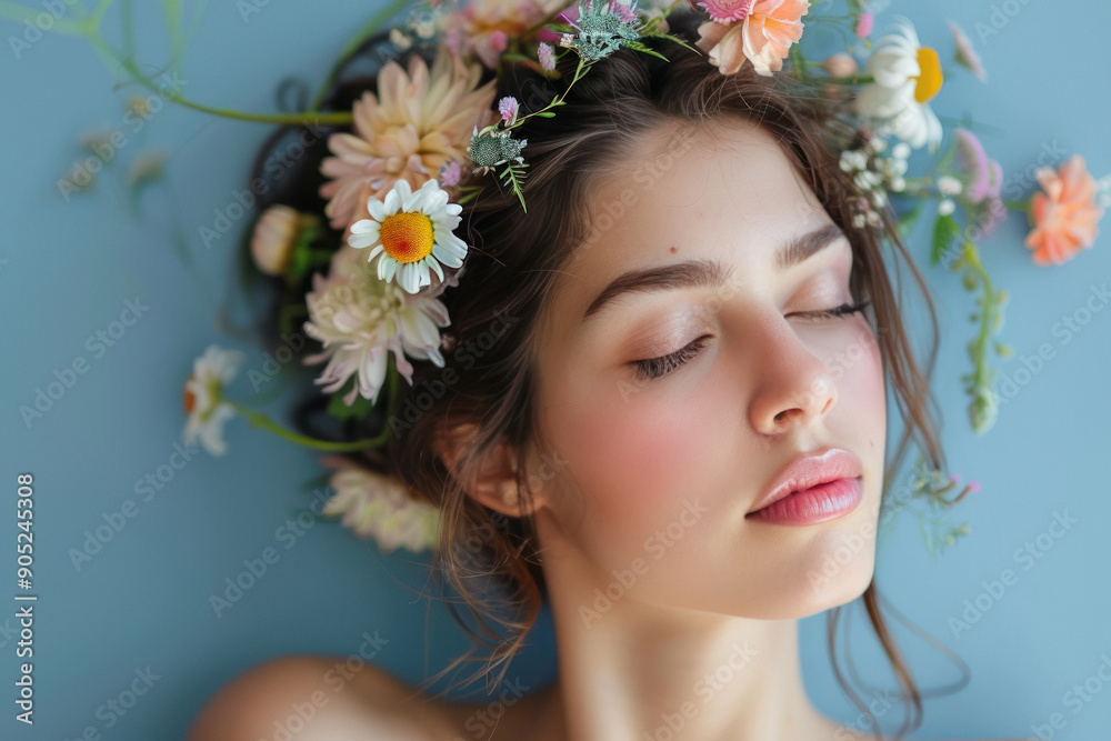 a beautiful woman with flowers in her hair against a blue backdrop