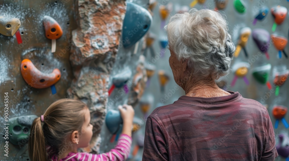 Fototapeta premium Grandmother and Granddaughter Climbing Wall