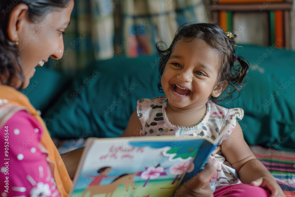 Indian cute girl laughing joyfully while sitting with her mother and reading book Indian cute girl laughing joyfully while sitting with her mother and reading book