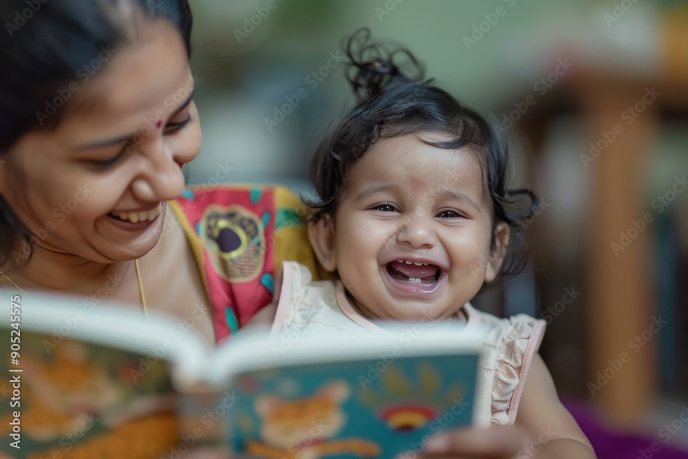Indian cute girl laughing joyfully while sitting with her mother and reading book Indian cute girl laughing joyfully while sitting with her mother and reading book