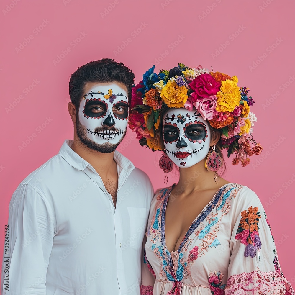 Dramatic Day of the Dead Couple in Full Makeup Dramatic Day of the Dead Couple in Full Makeup