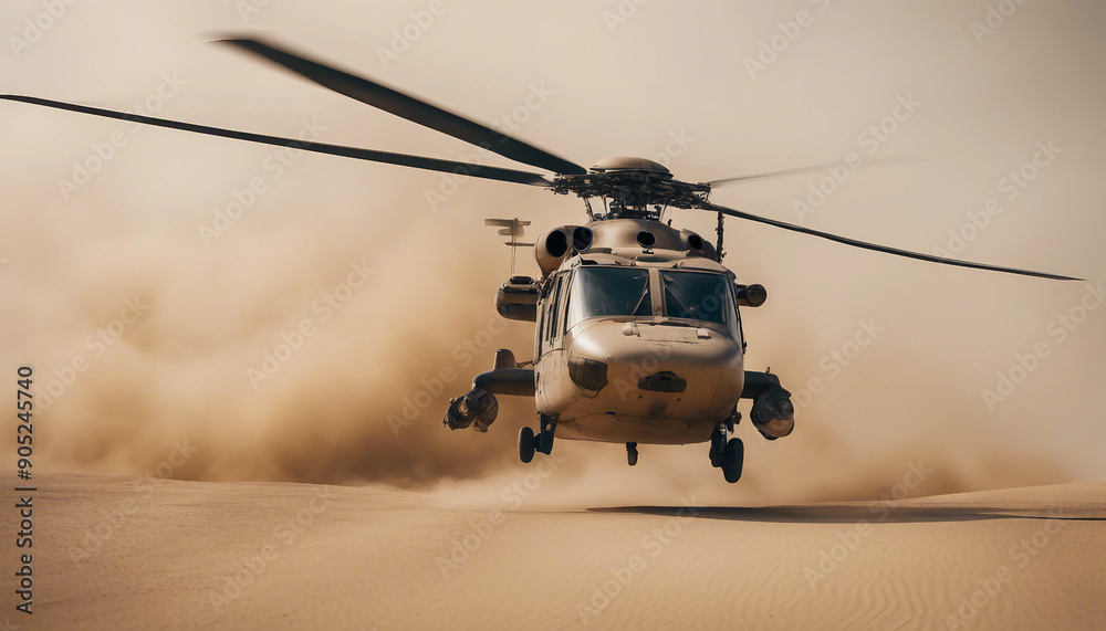 A military helicopter flying low over a desert landscape during a sandstorm, with visibility reduced to almost zero as it navigates through swirling sands and powerful gusts.
