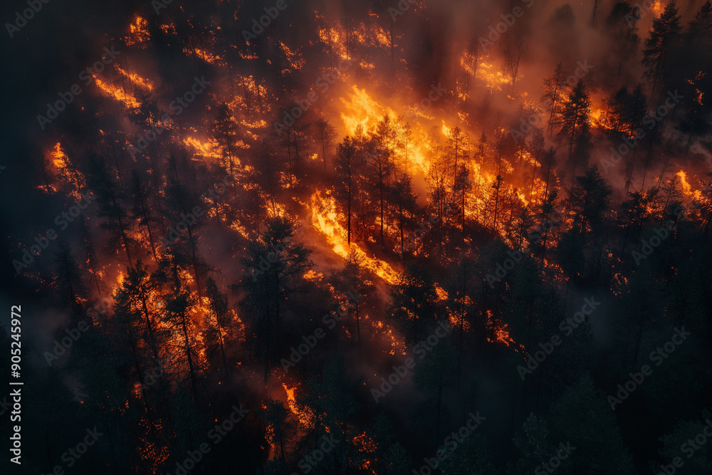 Aerial view of the forest is overtaken by a blazing wildfire, flames roaring through the dense trees. Aerial view of the forest is overtaken by a blazing wildfire, flames roaring through the dense trees.