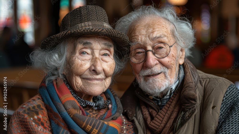An elderly couple smiling and embracing each other in a warm, cozy setting, showcasing a profound sense of love, companionship, and lifelong partnership.