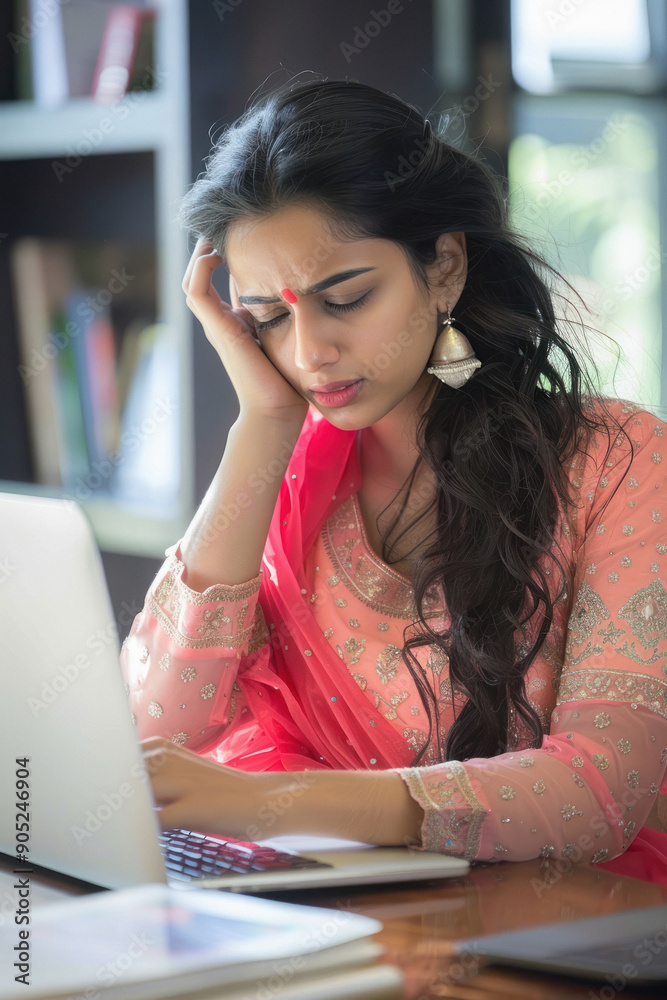 Stressed Indian beautiful young businesswoman at her office desk with a laptop Stressed Indian beautiful young businesswoman at her office desk with a laptop