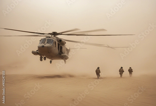 A military helicopter flying low over a desert landscape during a sandstorm, with visibility reduced to almost zero as it navigates through swirling sands and powerful gusts.

