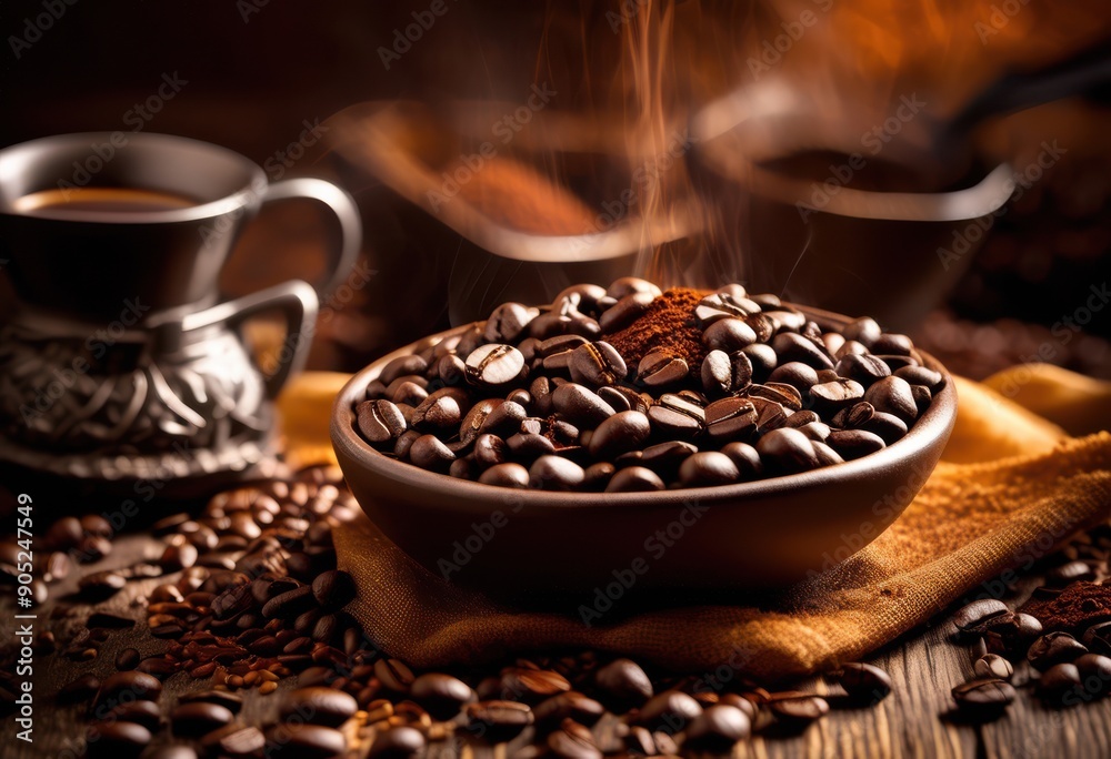 Fototapeta premium artisanal coffee blend featuring intricate flavors dark subtle spices, gourmet, rich, chocolate, caramel, aroma, infusion, smooth, texture, depth, vibrant