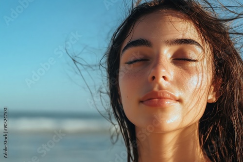 A woman with long hair is smiling and looking out at the ocean. Concept of relaxation and happiness