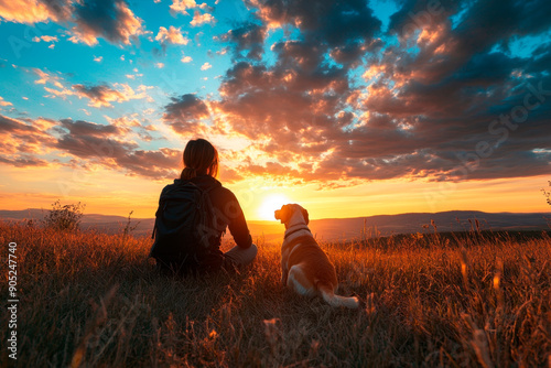 Silhouette of a man with a dog on a sunset background