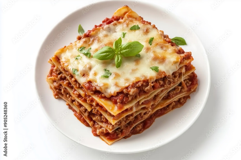 A plate of lasagna with a basil leaf on top. The lasagna is stacked high and covered in cheese A plate of lasagna with a basil leaf on top. The lasagna is stacked high and covered in cheese