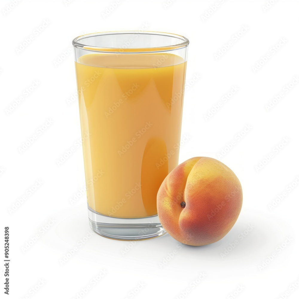 Medium shot of Glass of peach juice near the peach, isolated on a white background Medium shot of Glass of peach juice near the peach, isolated on a white background