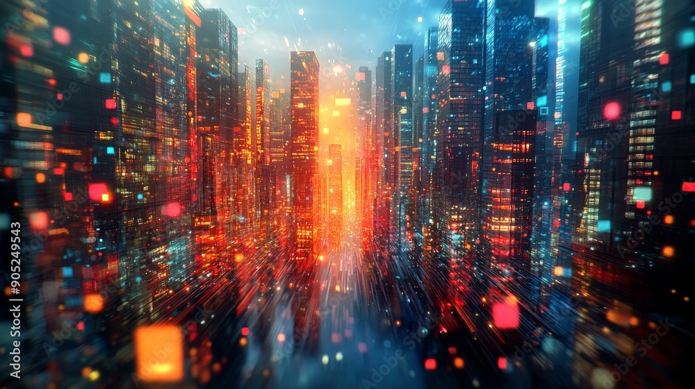 Naklejka premium Futuristic Urban Mirage: Abstract Cityscape with Surreal Architectural Forms and Vibrant Lights