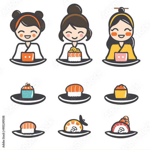 Three young Asian female cartoon characters paired sushi dishes, different hairstyle laptop. Various sushi selections below, including nigiri maki plates, represented colorful cute style