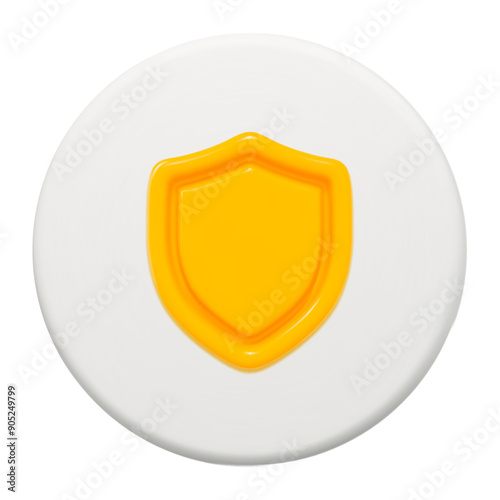  3d yellow shield button. Concept of secure protection. Stock vector illustration on isolated background.