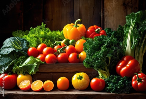 vibrant fresh produce displayed under natural lighting highlighting colorful fruits vegetables, showcase, organic, healthy, market, arrangement, bright, green