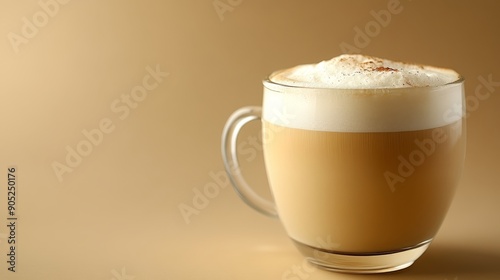 A creamy cappuccino in a clear glass mug, with a soft beige background that highlights the coffee's frothy texture