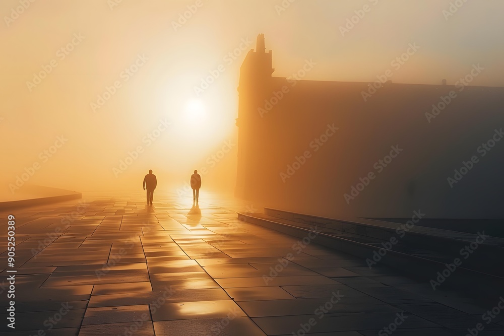Fototapeta premium Two Men Walking Towards the Setting Sun in Fog