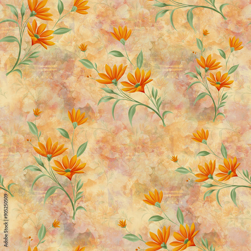 Fototapeta Naklejka Na Ścianę i Meble -  Generated imageflower and Colorfull Flowers background watercolor Textile Design - illustration