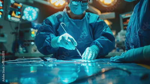 A surgical team, dressed in blue, works collaboratively in an operating room filled with advanced medical equipment and bright surgical lights, performing a critical procedure. photo