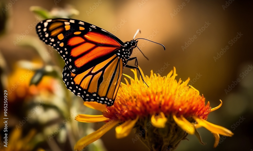 Obraz premium a butterfly is sitting on a flower with a blurry background of yellow and orange flowers and leaves in the foreground