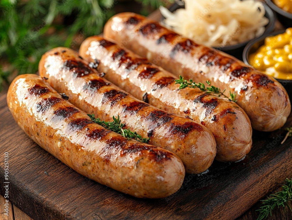 Delicious Char-Grilled Sausages with Mustard and Sauerkraut Presented on a Wooden Cutting Board Delicious Char-Grilled Sausages with Mustard and Sauerkraut Presented on a Wooden Cutting Board