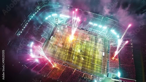 Aerial view of football stadium in the evening, fireworks, festive atmosphere. Football arena with people, city, championship, live broadcast of TV channel, broadcast of the match