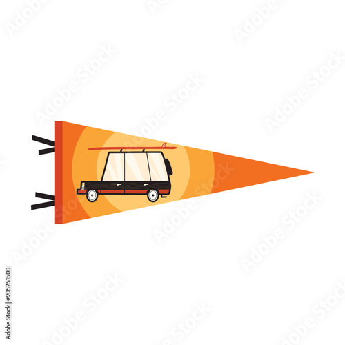 Camping adventure pennant flag design. Outdoor hiking graphics. Mountains pendant artwork. Stock vector illustration. Vacation artwork.