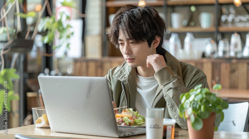 Young Man Working on Laptop While Eating Lunch in Cafe Young Man Working on Laptop While Eating Lunch in Cafe