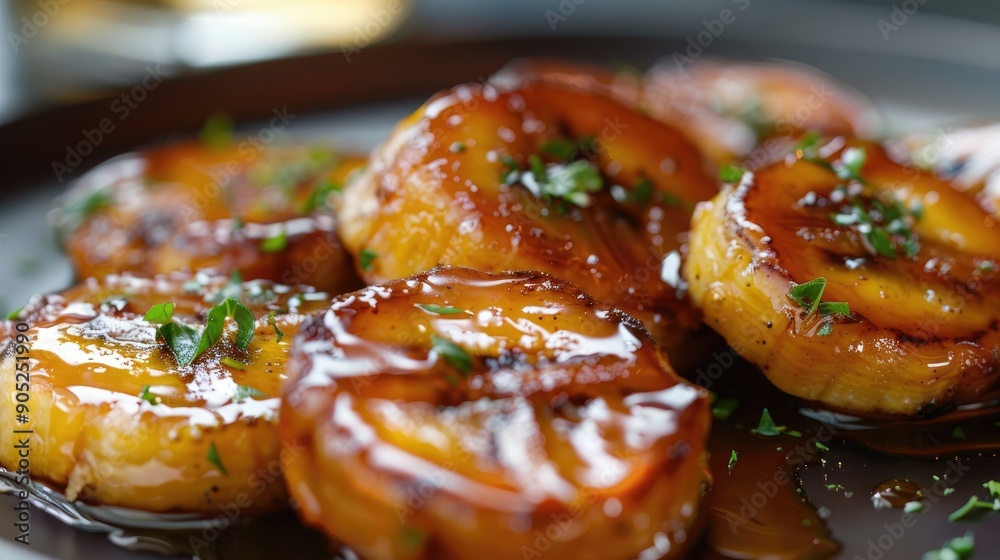 Close up of caramelized banana on plate Close up of caramelized banana on plate