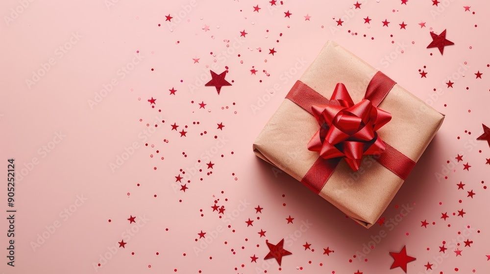 Close up of gift box with kraft paper wrapping red bow star shaped confetti on pink backdrop Close up of gift box with kraft paper wrapping red bow star shaped confetti on pink backdrop