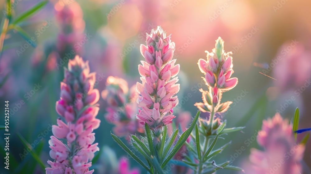 Close up of blooming sainfoin flower pink honey wildflower Close up of blooming sainfoin flower pink honey wildflower